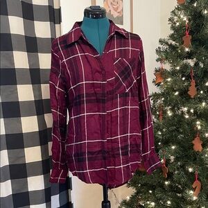 Rebellion Again Plaid Button-Down Shirt in Burgundy and Black Size Small